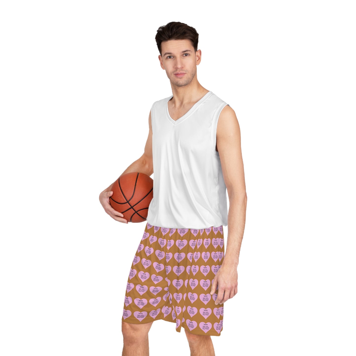 Love Heart All-Over-Print Basketball Shorts (Light Brown)