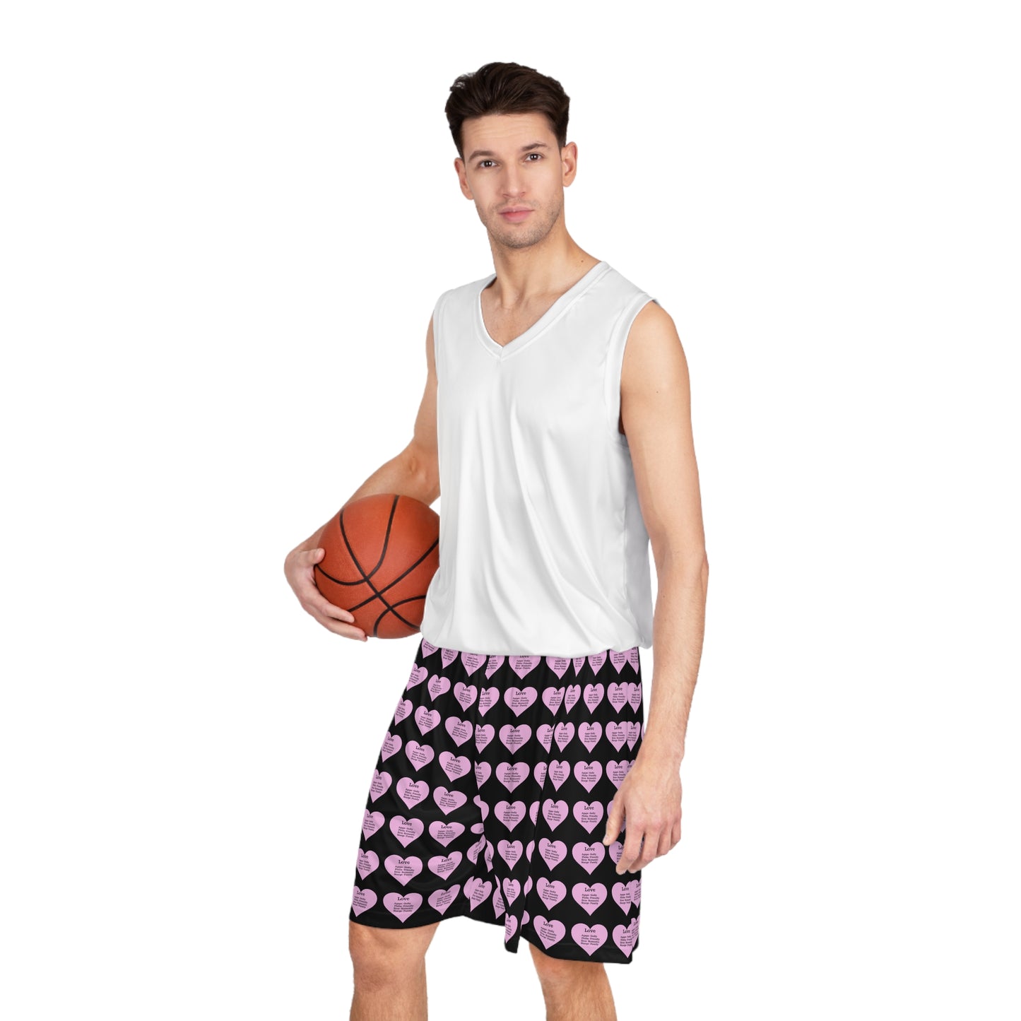 Love Heart All-Over-Print Basketball Shorts (Black)