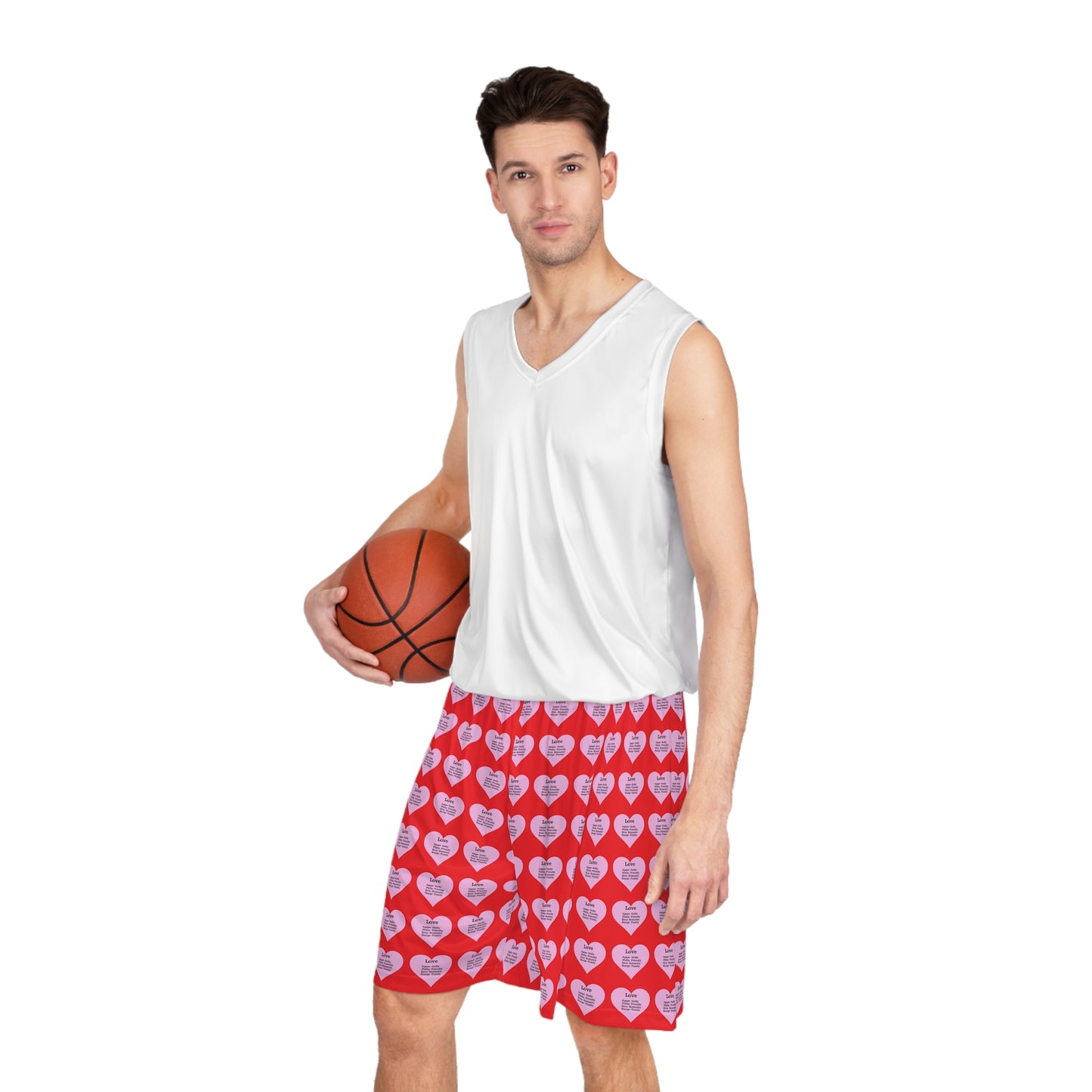 Love Heart All-Over-Print Basketball Shorts (Red)