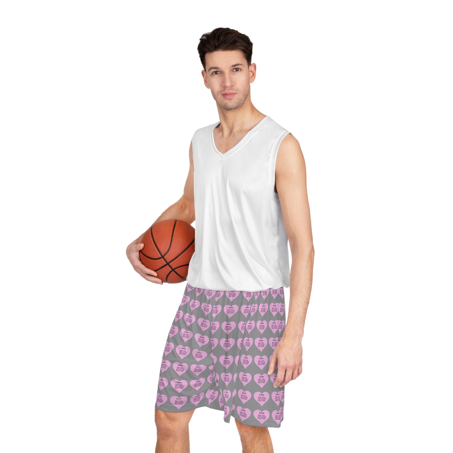 Love Heart All-Over-Print Basketball Shorts (Grey)