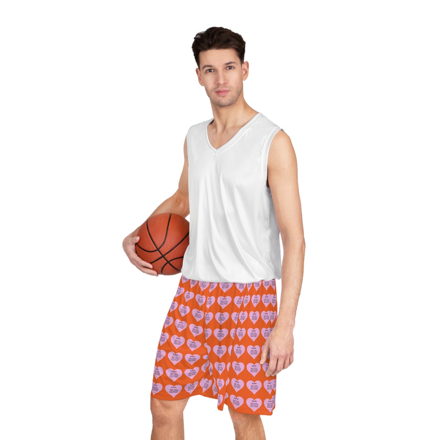 Love Heart All-Over-Print Basketball Shorts (Orange)