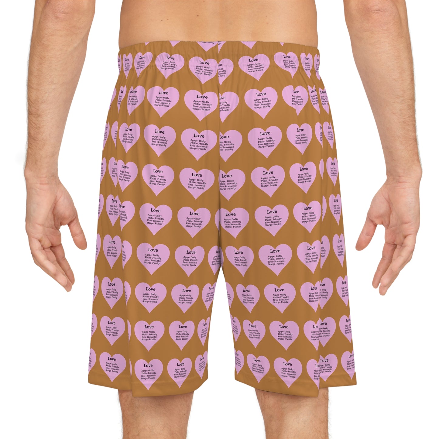 Love Heart All-Over-Print Basketball Shorts (Light Brown)