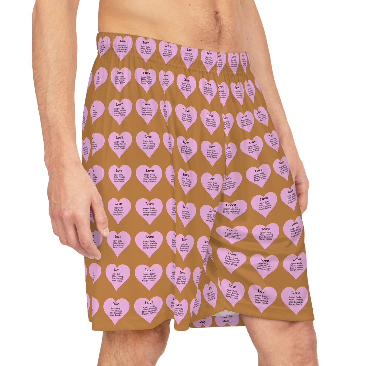 Love Heart All-Over-Print Basketball Shorts (Light Brown)