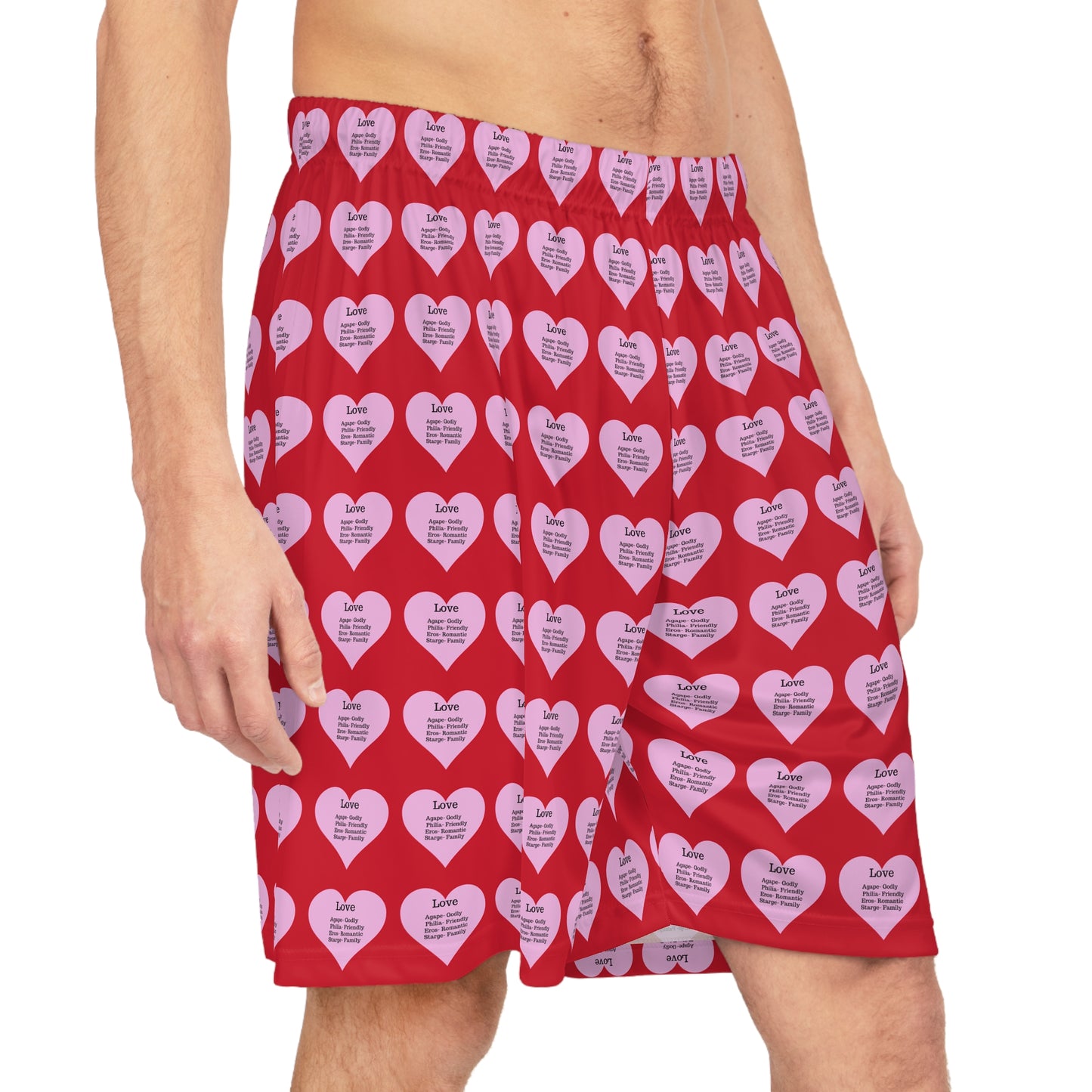 Love Heart All-Over-Print Basketball Shorts (Dark Red)