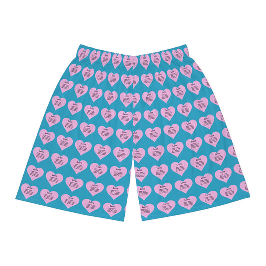 Love Heart All-Over-Print Basketball Shorts (Turquoise)
