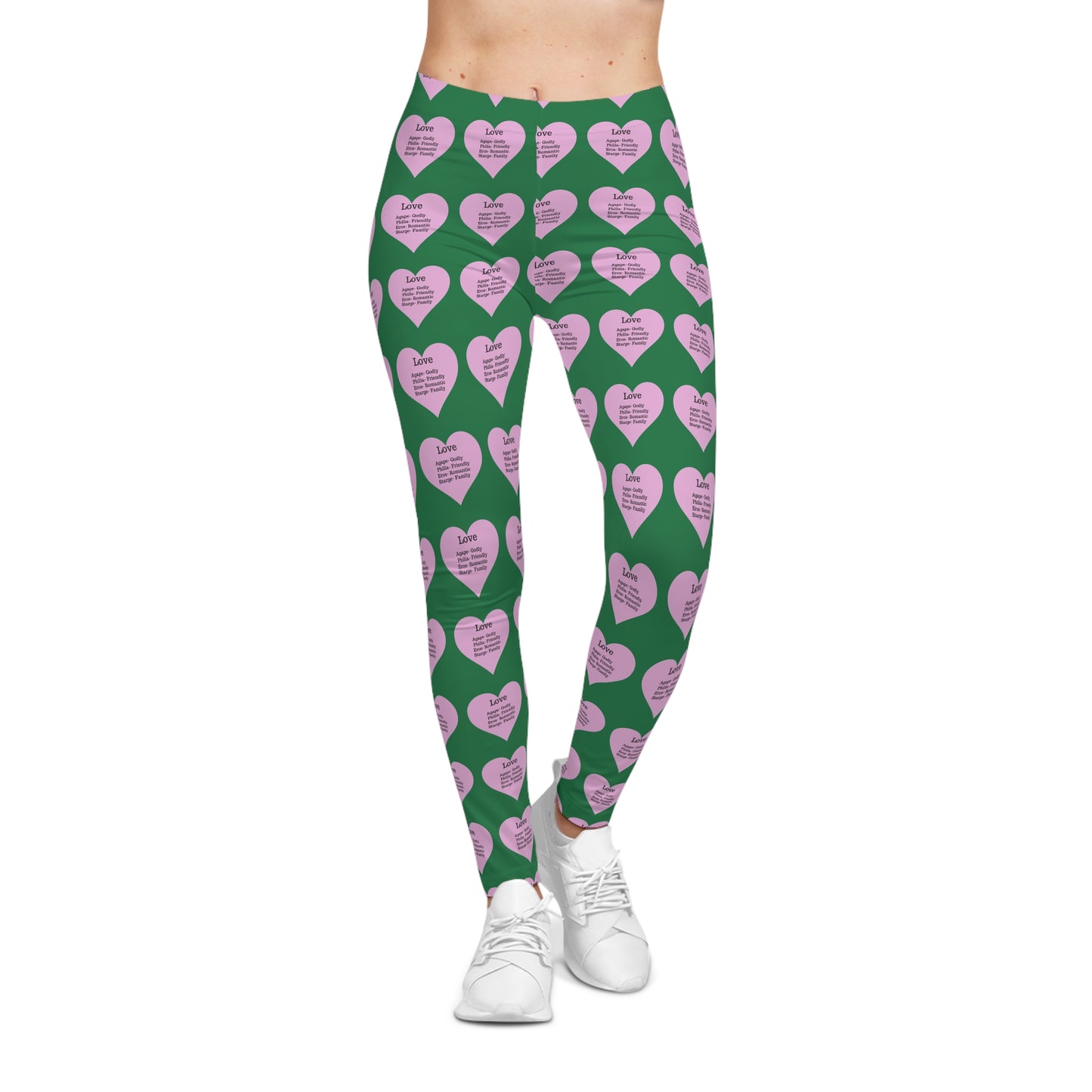 Playful Pink Heart Print Women's Casual Leggings (Dark Green)