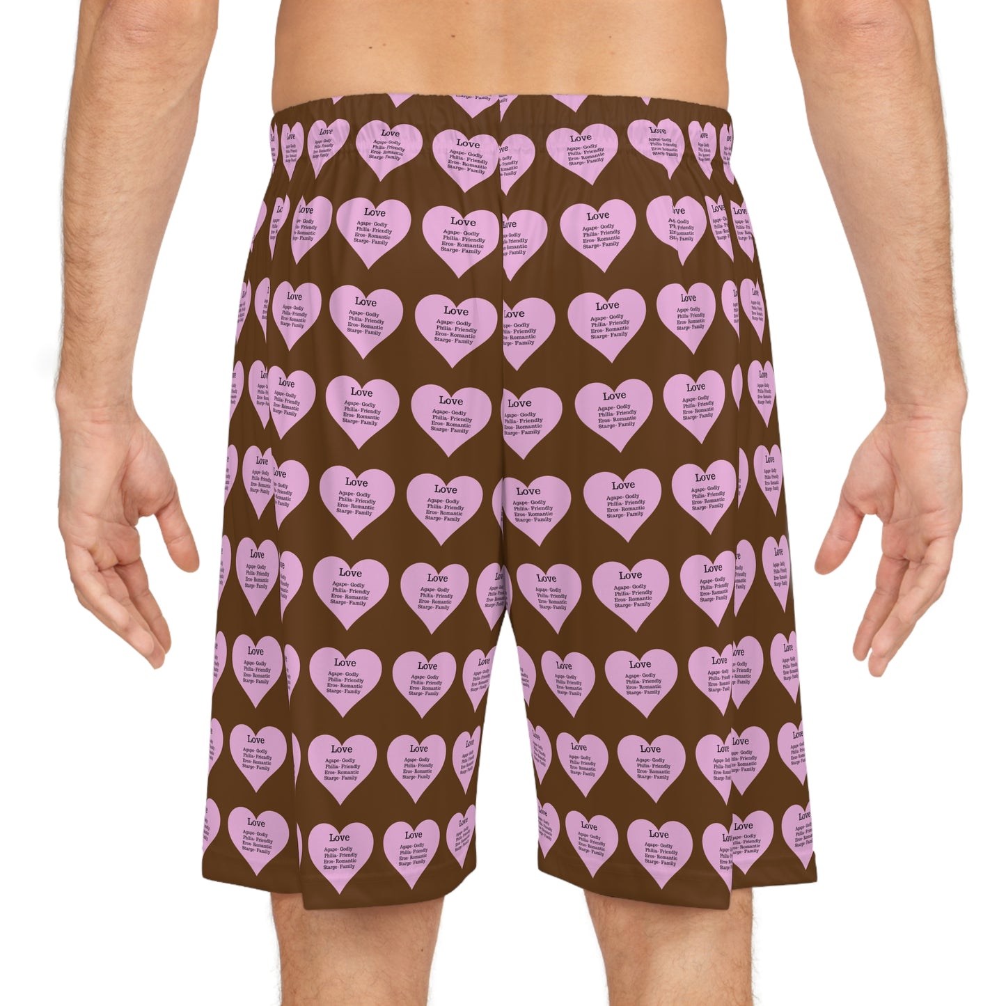 Love Heart All-Over-Print Basketball Shorts (Brown)