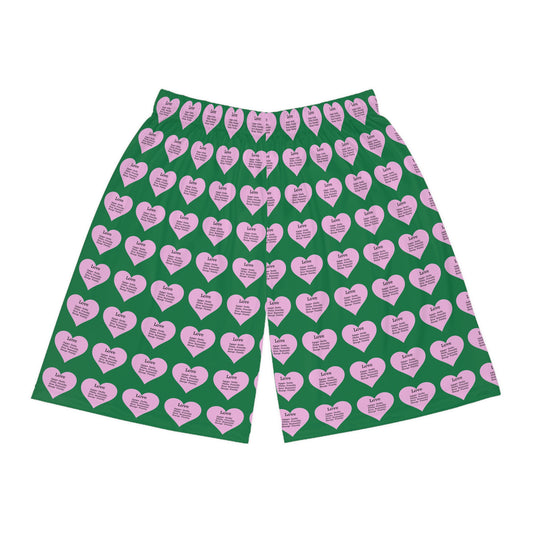 Love Heart All-Over-Print Basketball Shorts (Dark Green)
