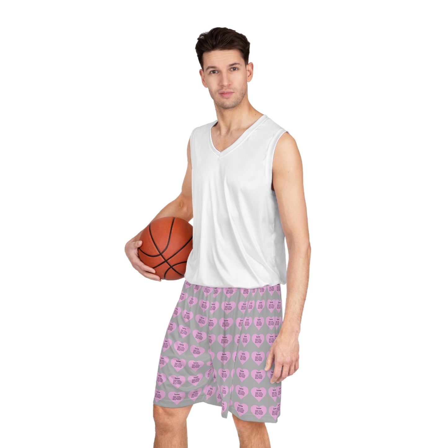 Love Heart All-Over-Print Basketball Shorts (Light Grey)