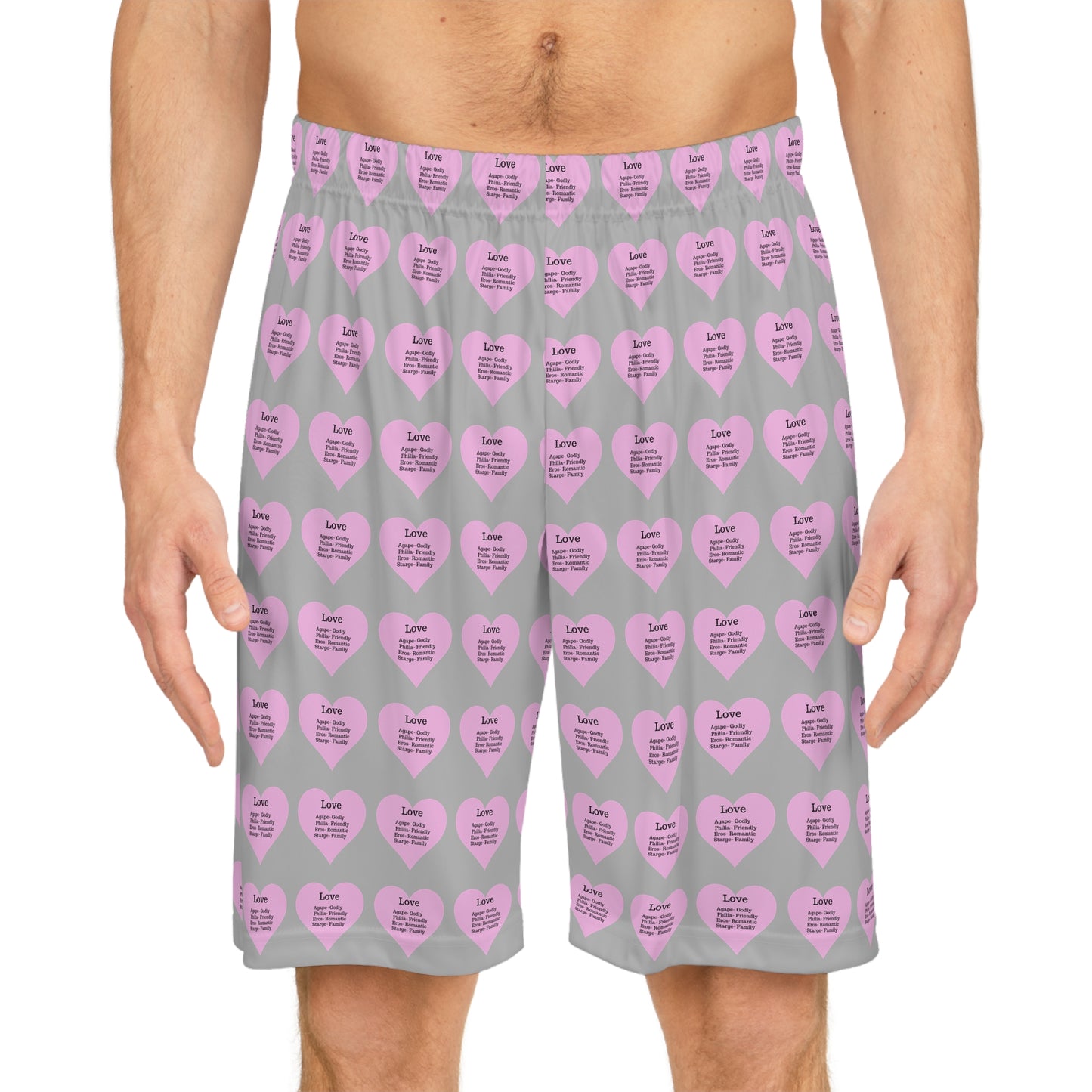 Love Heart All-Over-Print Basketball Shorts (Light Grey)