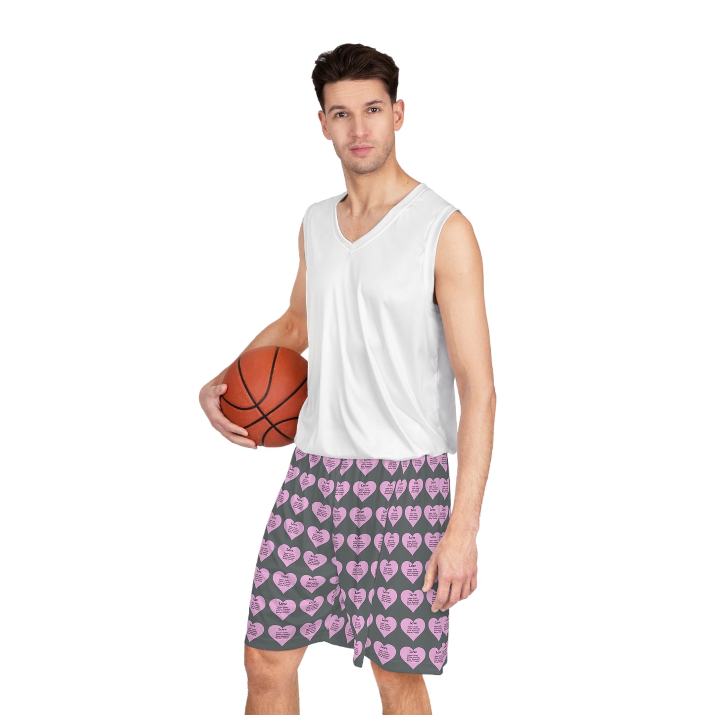 Love Heart All-Over-Print Basketball Shorts (Dark Grey)