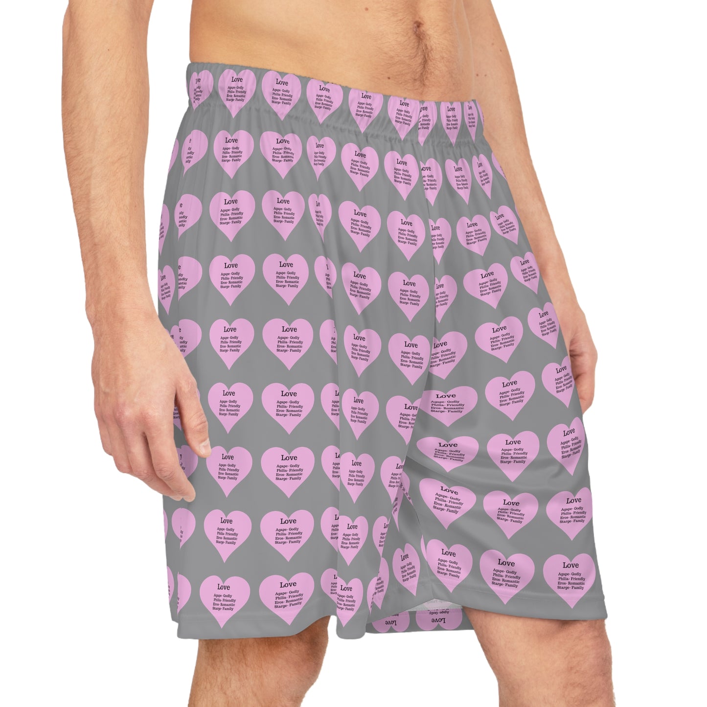 Love Heart All-Over-Print Basketball Shorts (Grey)