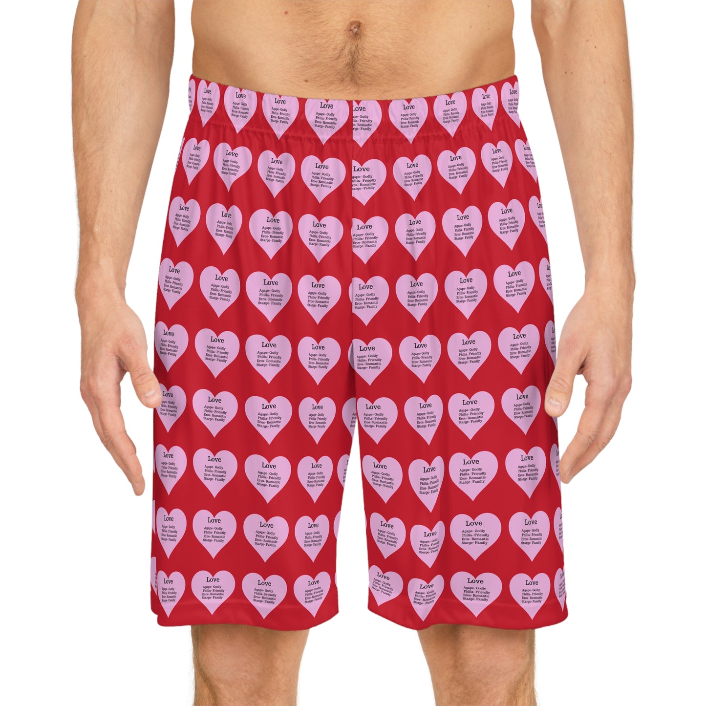 Love Heart All-Over-Print Basketball Shorts (Dark Red)