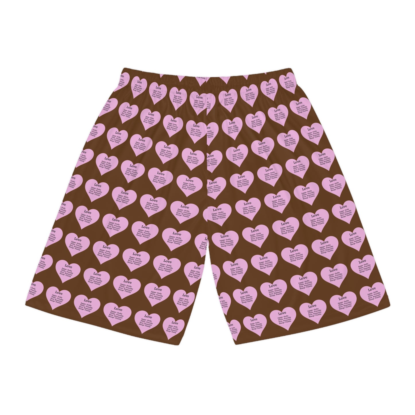 Love Heart All-Over-Print Basketball Shorts (Brown)