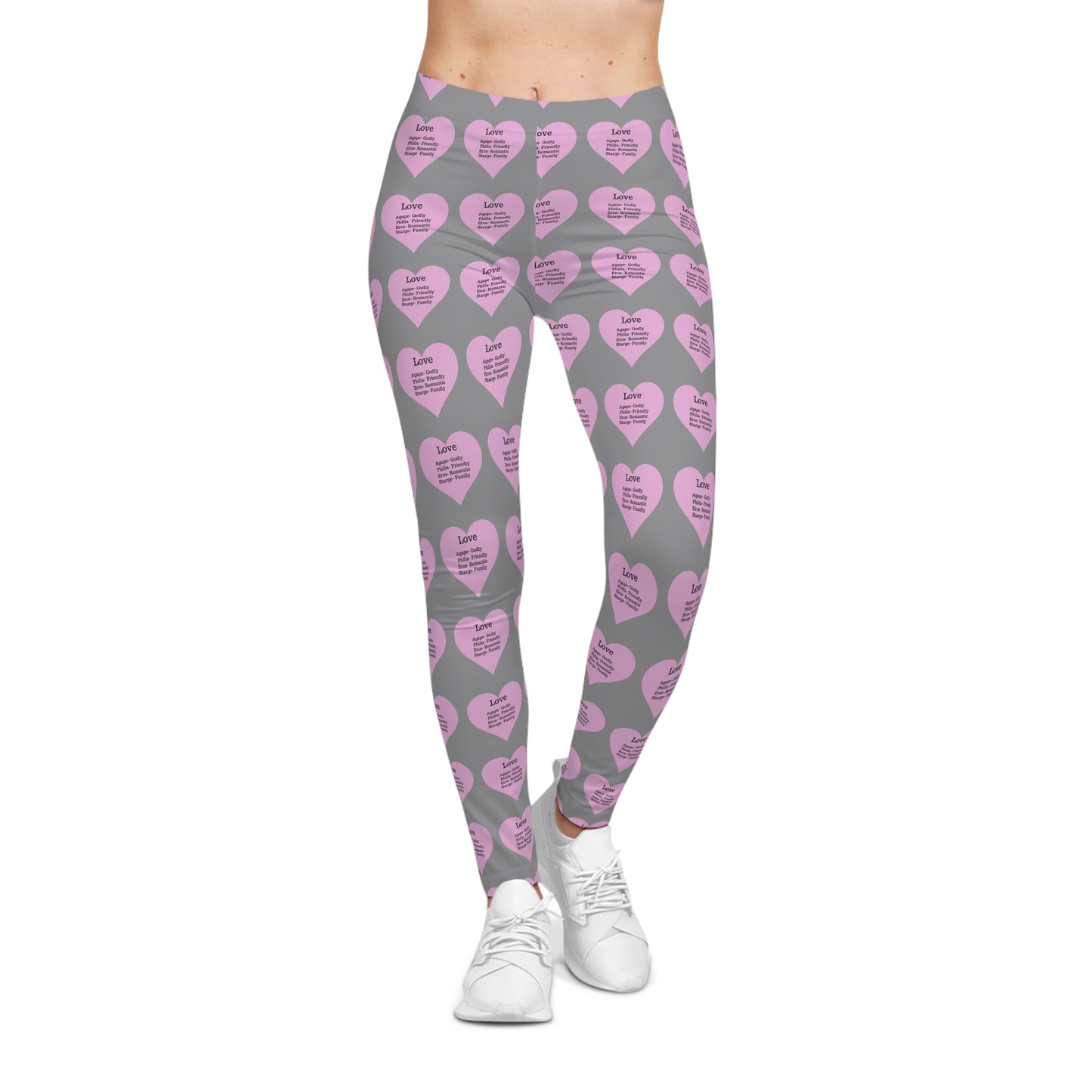 Playful Pink Heart Print Women's Casual Leggings (Grey)