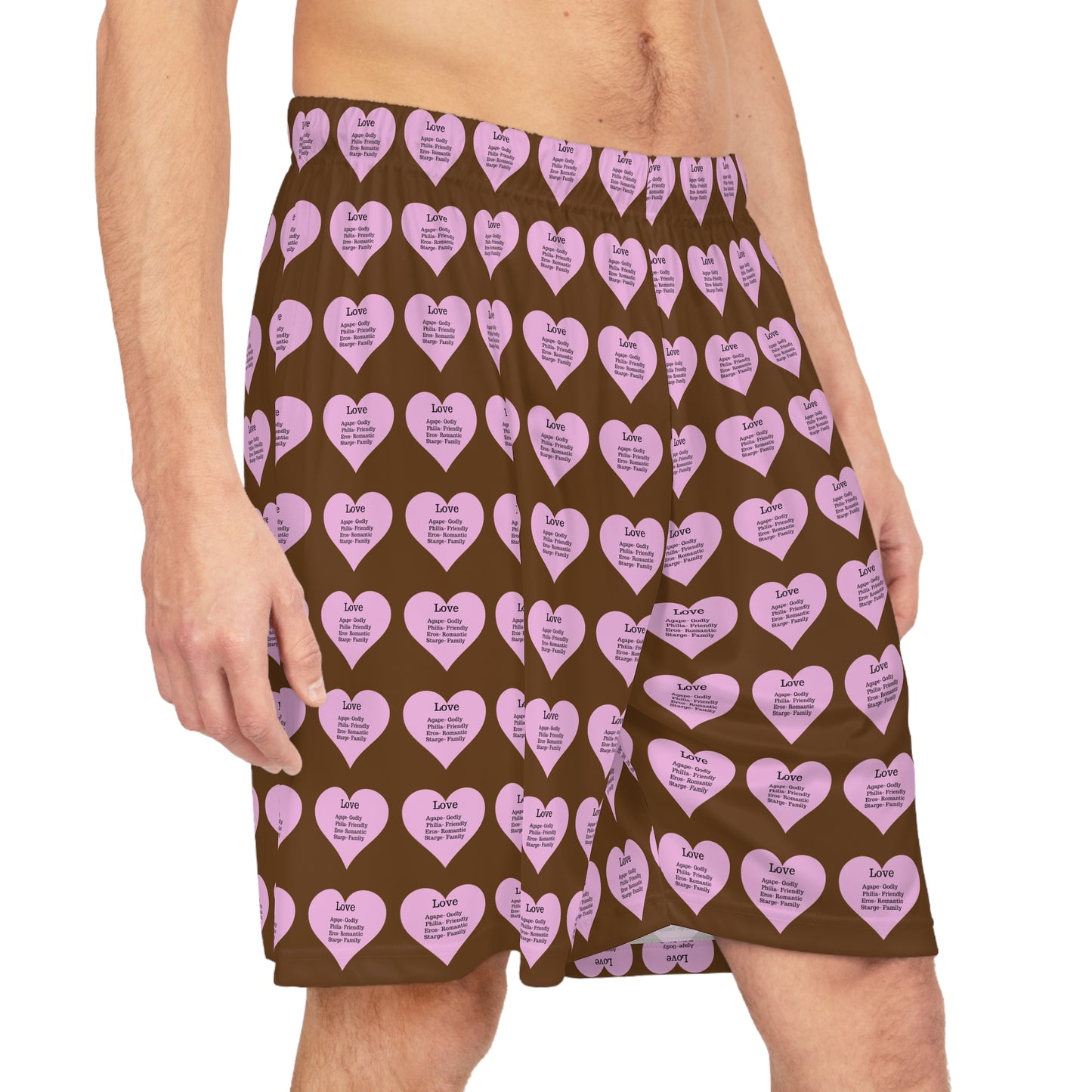 Love Heart All-Over-Print Basketball Shorts (Brown)