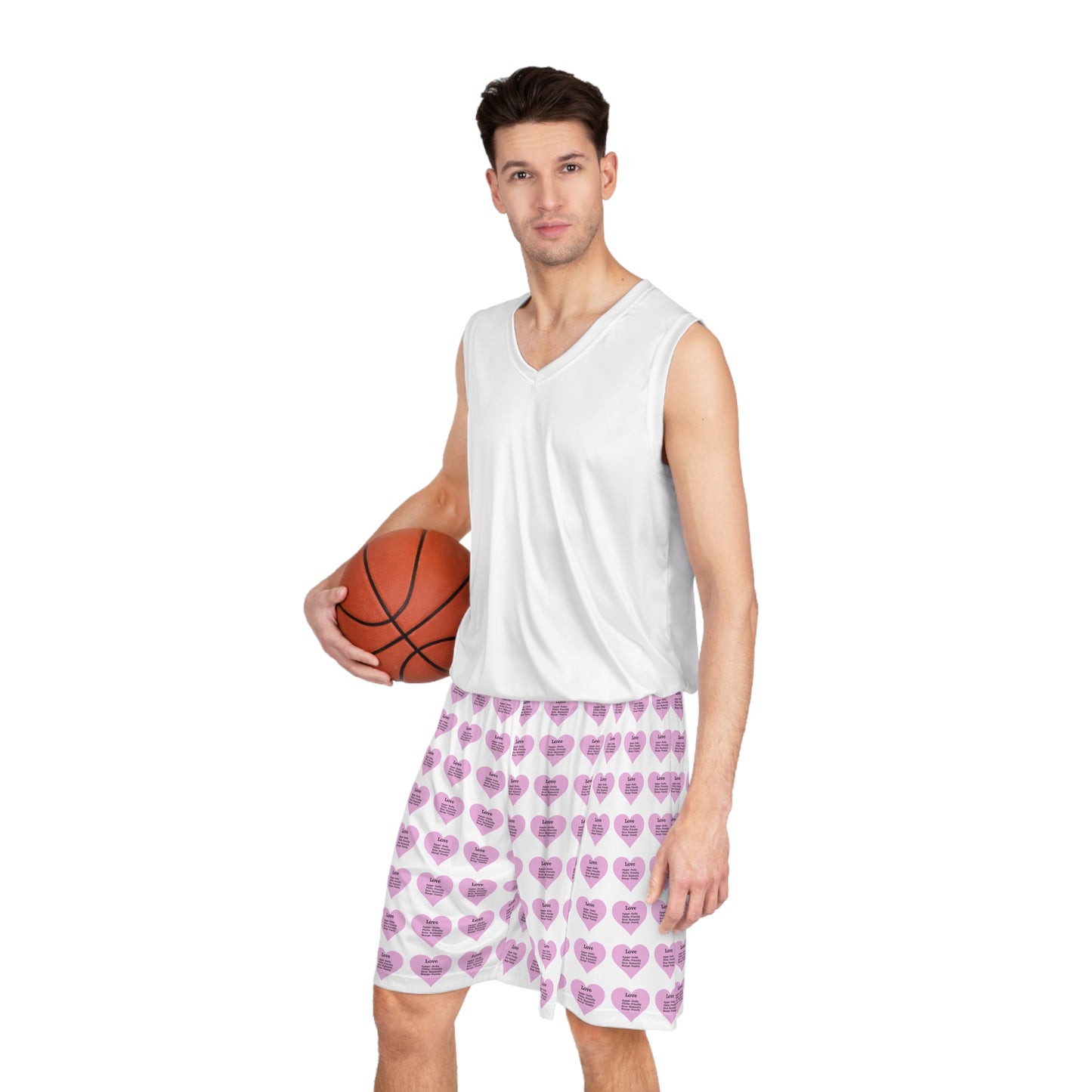 Love Heart All-Over-Print Basketball Shorts (White)