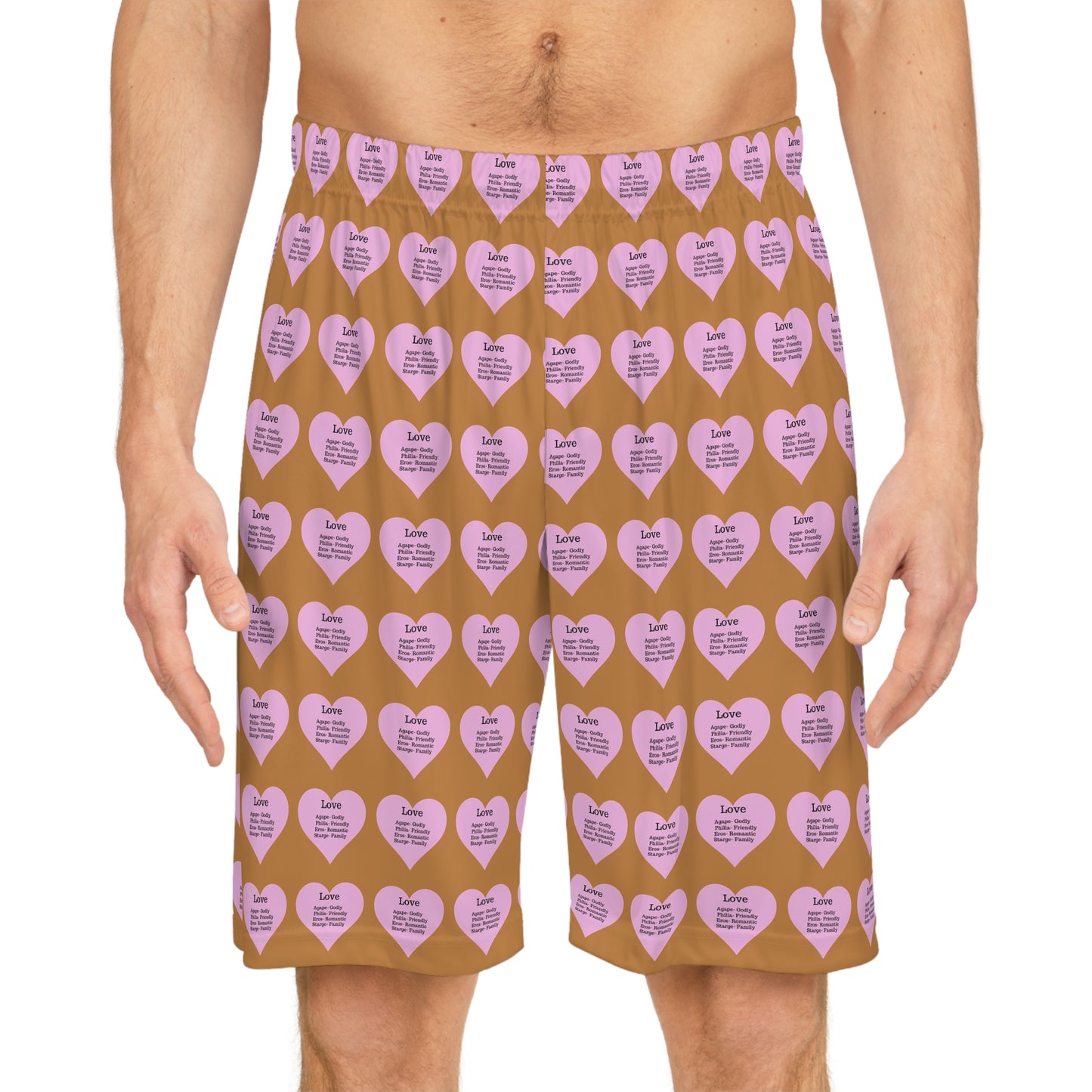 Love Heart All-Over-Print Basketball Shorts (Light Brown)