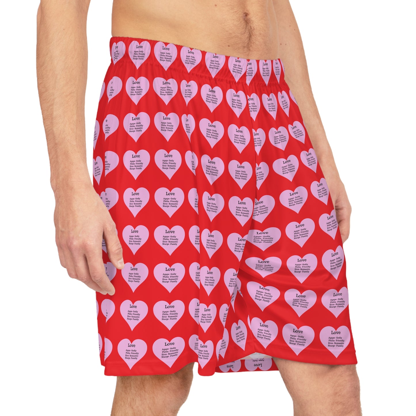 Love Heart All-Over-Print Basketball Shorts (Red)