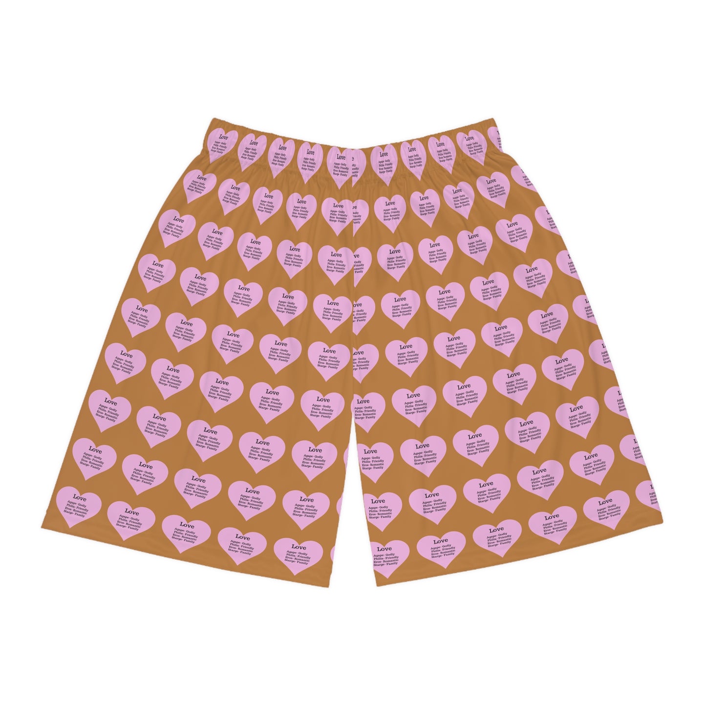 Love Heart All-Over-Print Basketball Shorts (Light Brown)