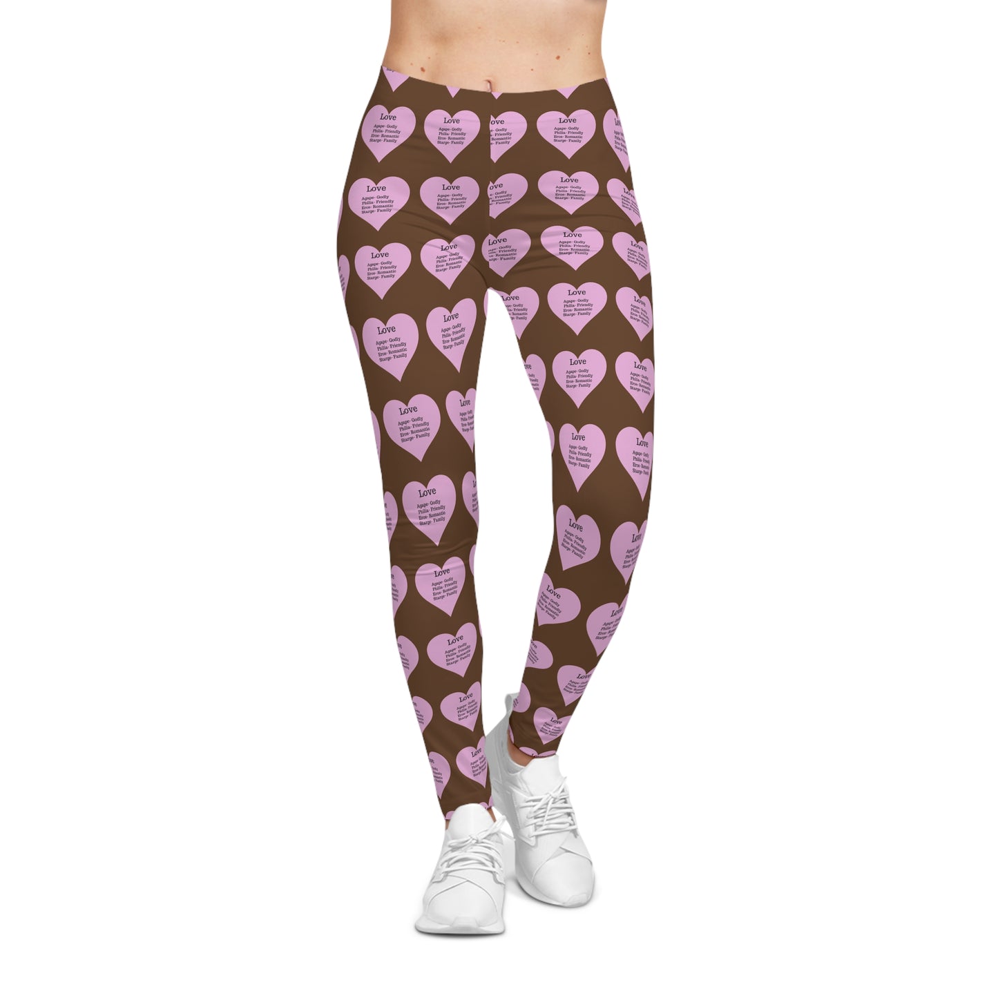 Playful Pink Heart Print Women's Casual Leggings (Brown)