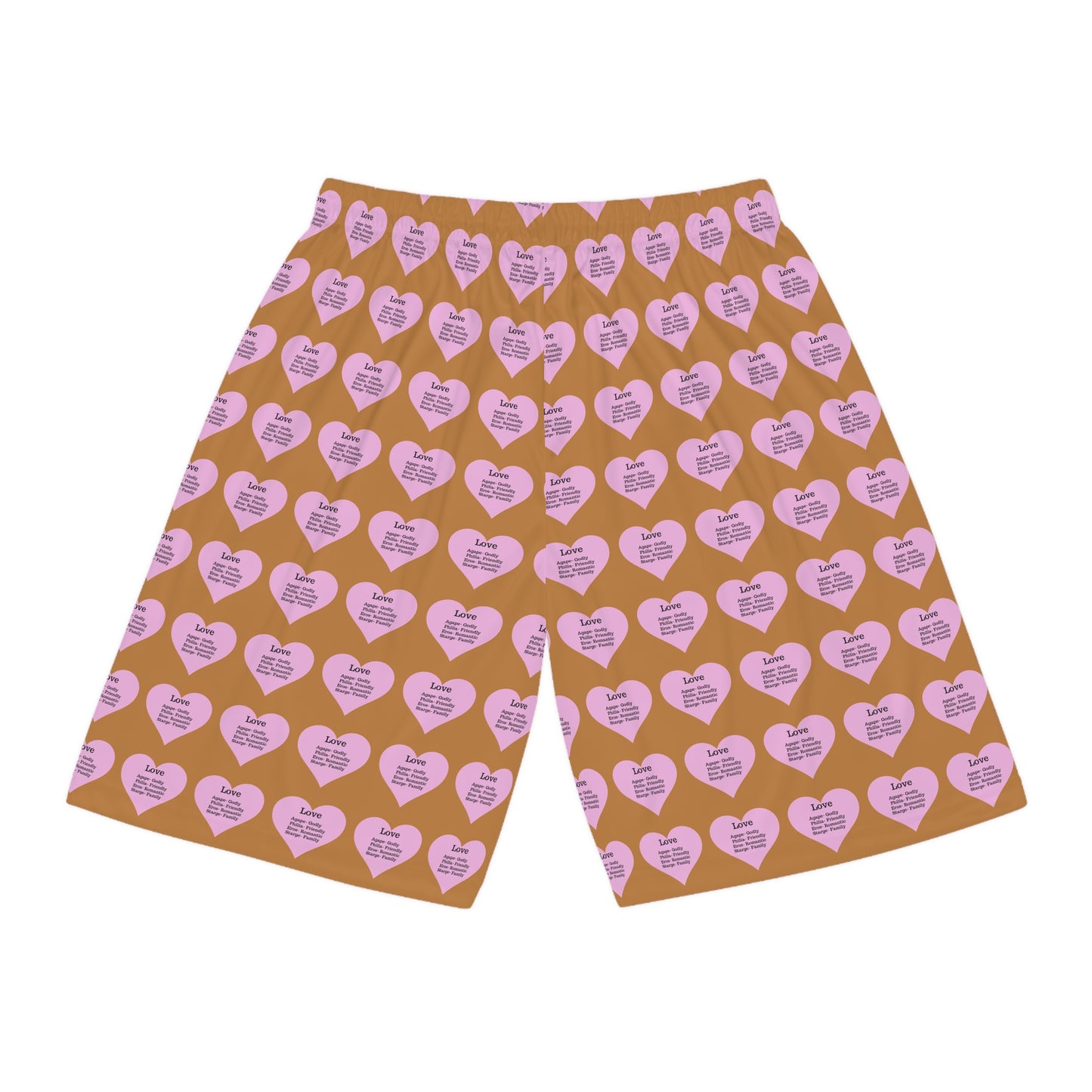 Love Heart All-Over-Print Basketball Shorts (Light Brown)