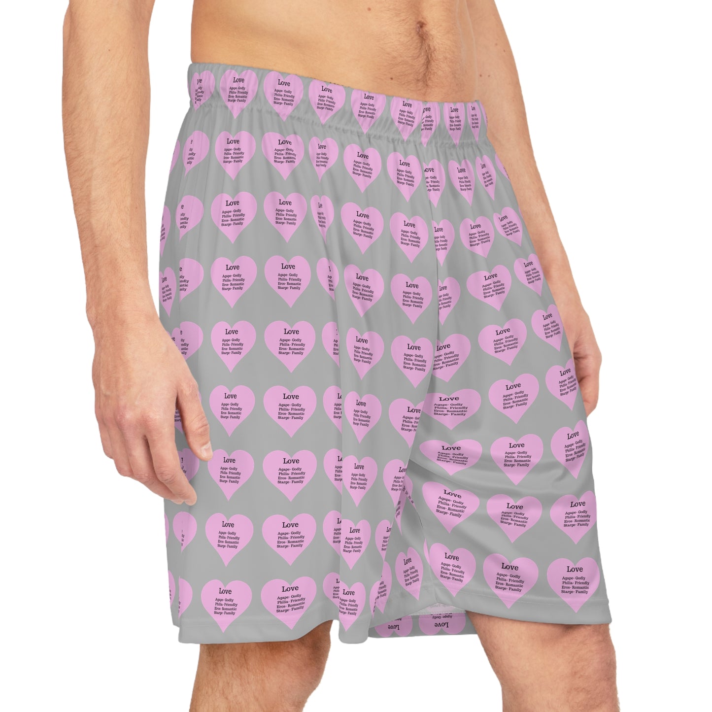 Love Heart All-Over-Print Basketball Shorts (Light Grey)