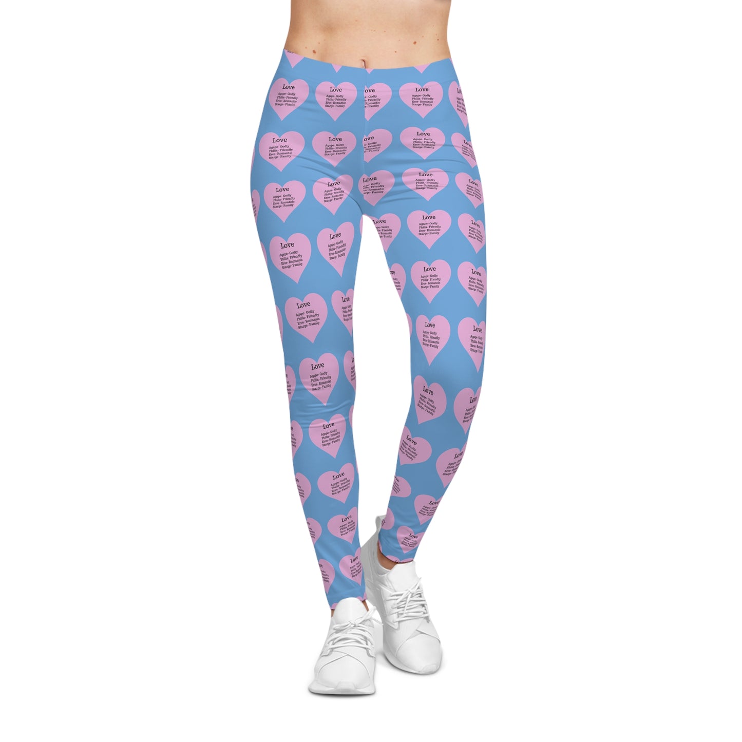 Playful Pink Heart Print Women's Casual Leggings (Light Blue)