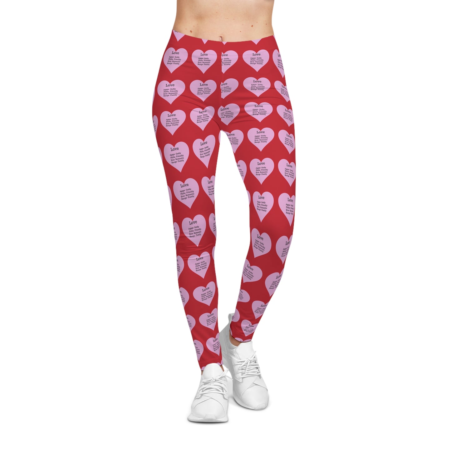 Playful Pink Heart Print Women's Casual Leggings (Dark Red)