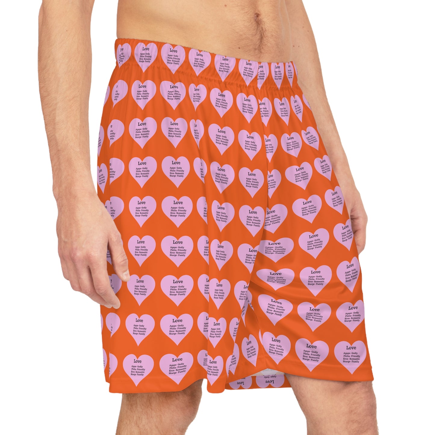 Love Heart All-Over-Print Basketball Shorts (Orange)