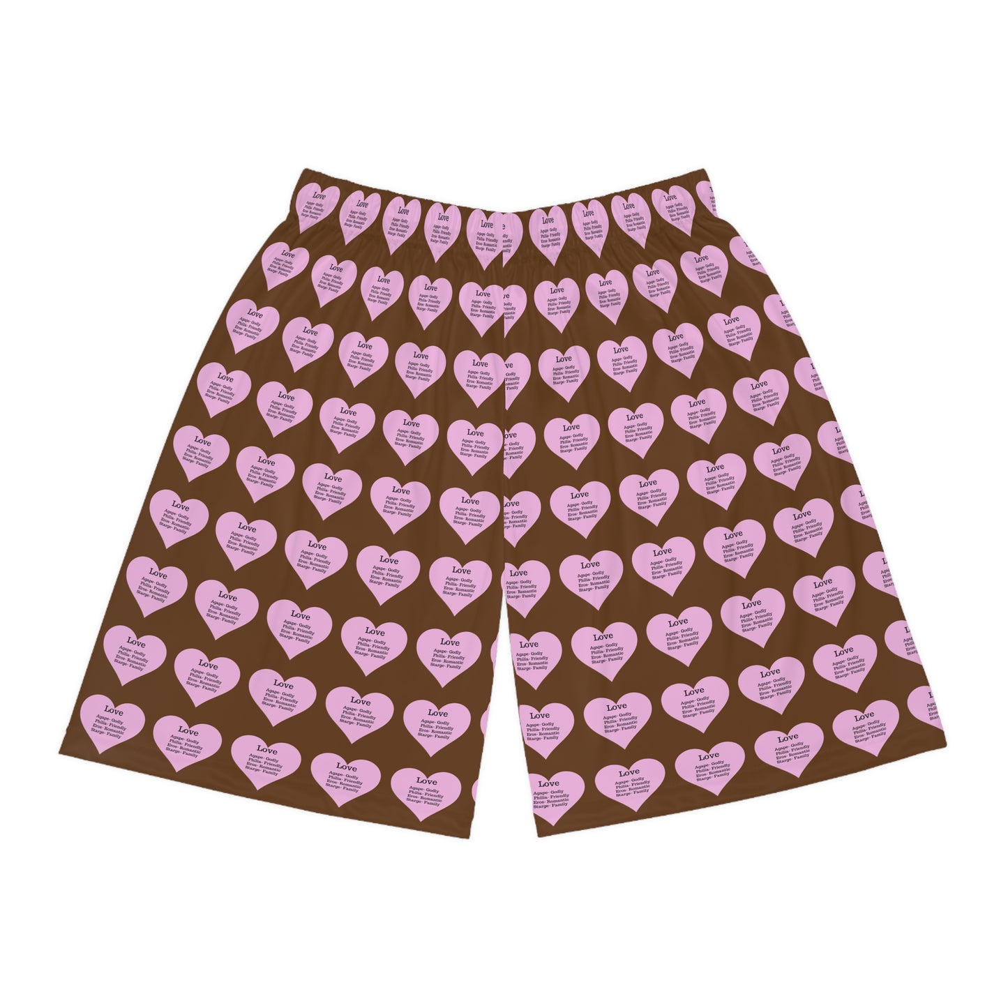 Love Heart All-Over-Print Basketball Shorts (Brown)