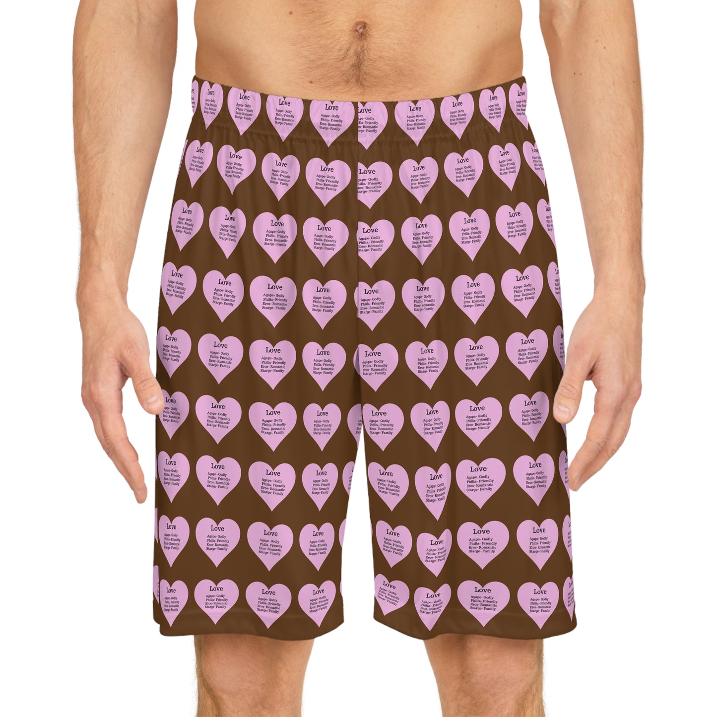 Love Heart All-Over-Print Basketball Shorts (Brown)