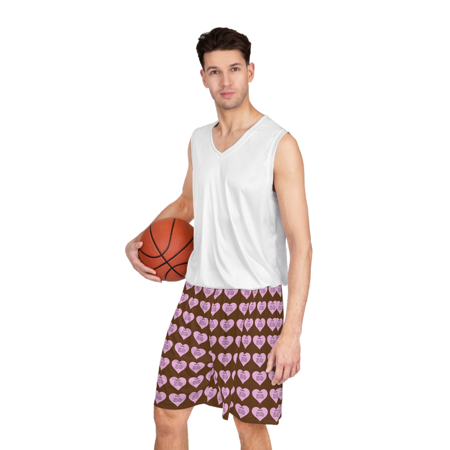 Love Heart All-Over-Print Basketball Shorts (Brown)