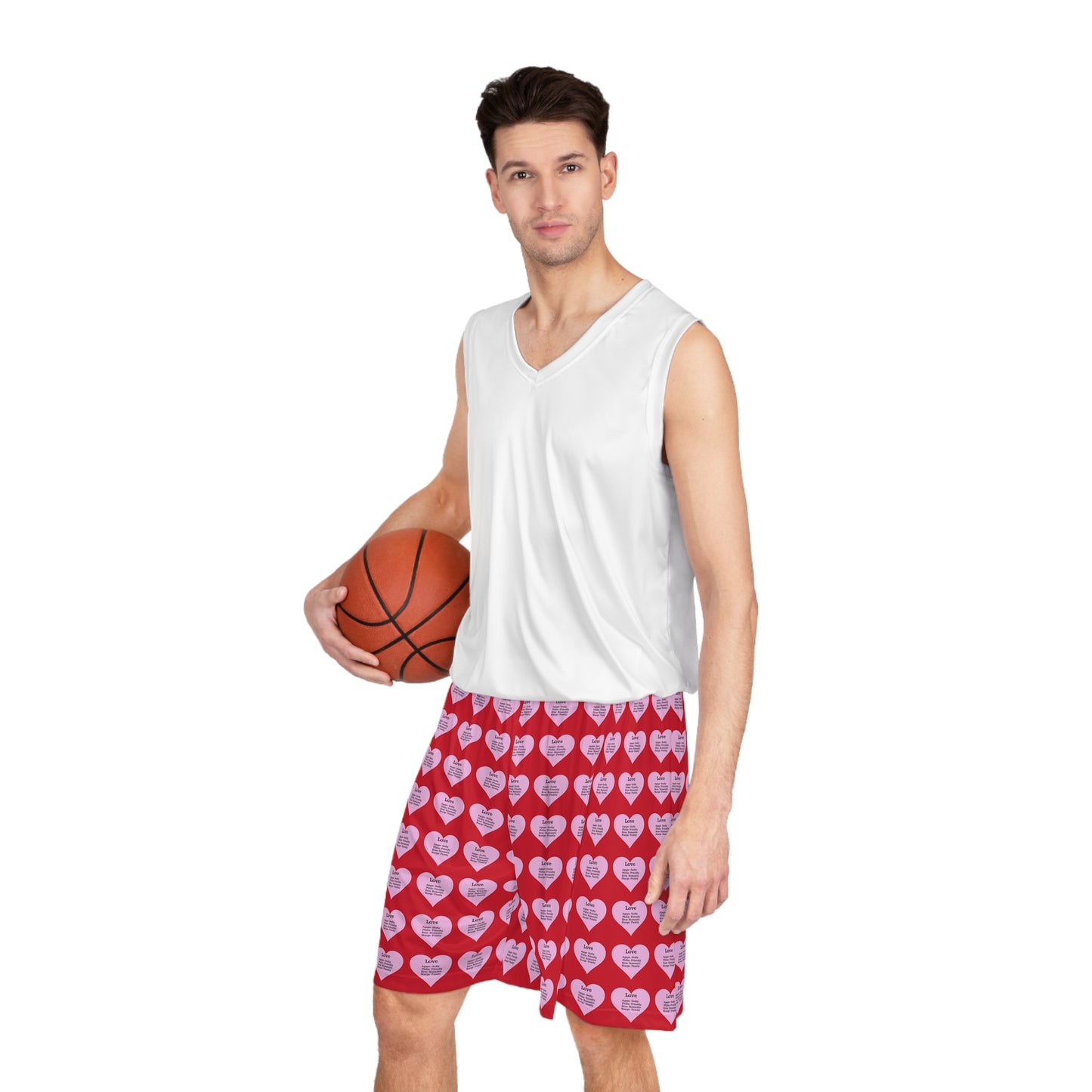 Love Heart All-Over-Print Basketball Shorts (Dark Red)