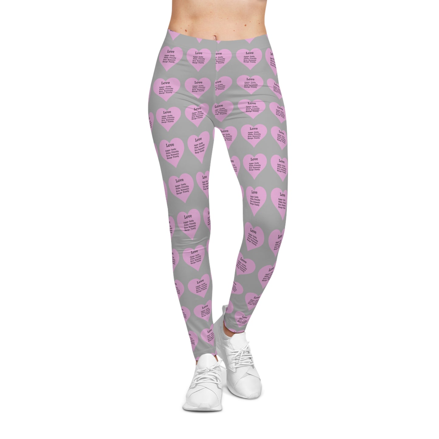 Playful Pink Heart Print Women's Casual Leggings (Light Grey)